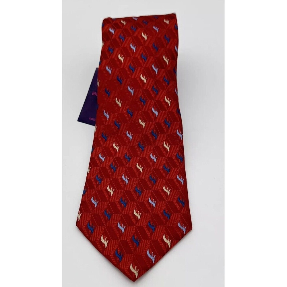 NEW Bugatchi Uomo Necktie Red Houndstooth Pattern Silk Tie Made in Italy